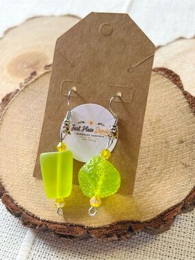 Handmade Lime Green Glass Bead Dangle Earrings Unique Artisan NWT